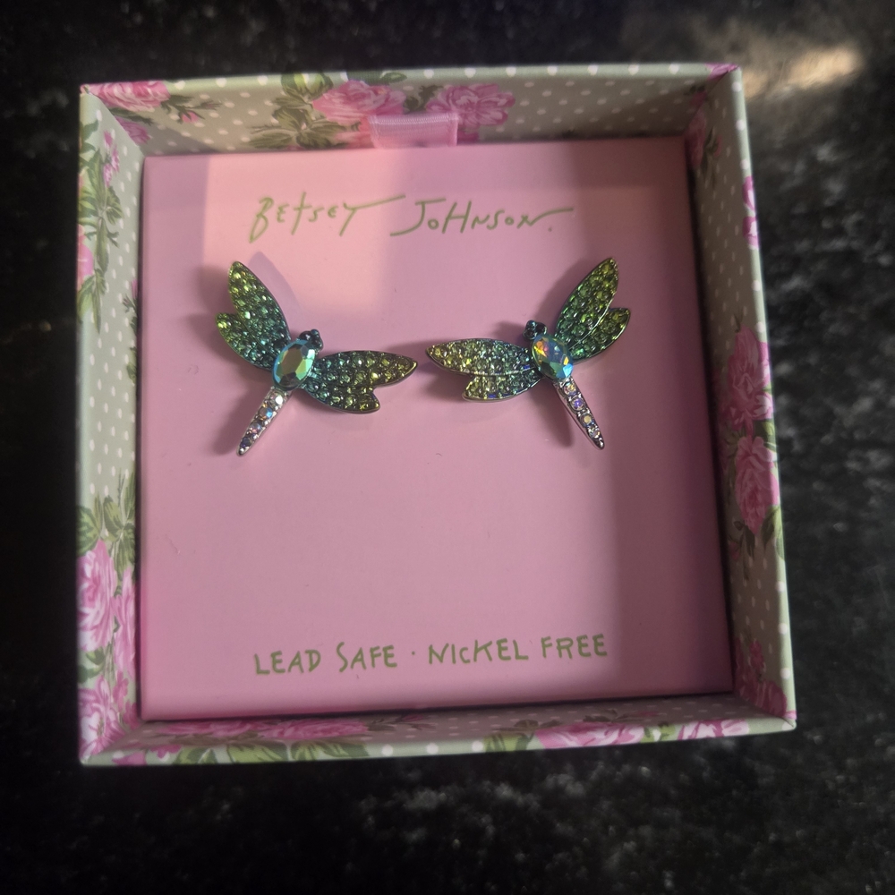 Betsey Johnson Iridescent Dragonfly Stud Earrings - Green/Blue Sparkle - Picture 4 of 4
